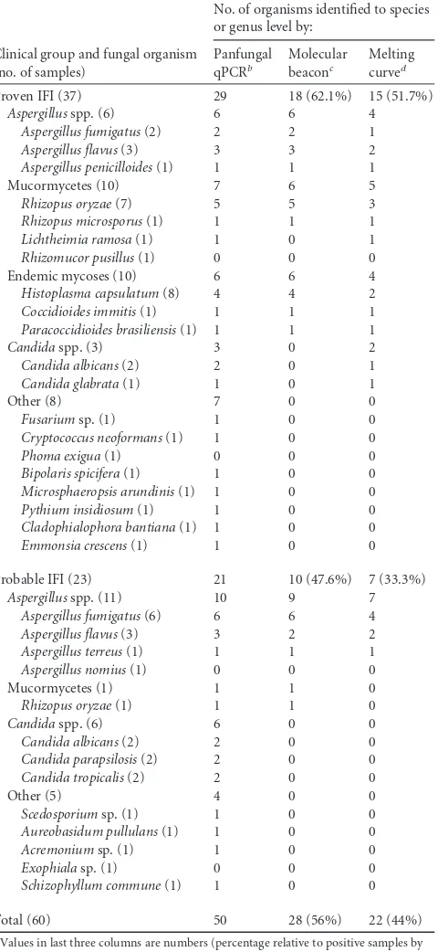 TABLE 2 Species distribution and sensitivity of the new panfungalqPCR assay for 60 clinical samples included in the validation assaya