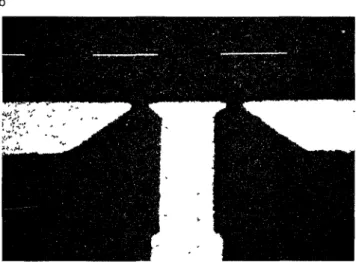 FIG 2 Schematic layout (a) of a double pomt contact device, in a three-termmal measure- measure-ment configuration used m some of the electron focusing expenmeasure-ments The crossed squares are ohmic contacts to the 2DEG The spht gate (shaded) separates m