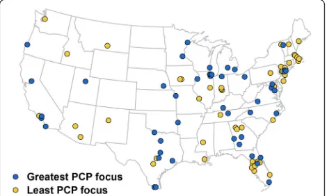 Fig. 1 Geographic distribution of ACOs with the least and greatestPCP focus (p = 0.02).* (*2 ACOs in Puerto Rico are not shown; bothwere in the group with greatest PCP focus)