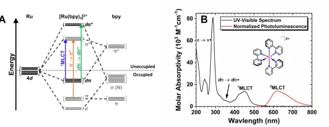 Figure  1.3.  (A)  A  simple  molecular  orbital  diagram  for  [Ru(bpy) 3 ](PF 6 ) 2   in  a  pseudo- pseudo-octahedral  (O h )  geometry