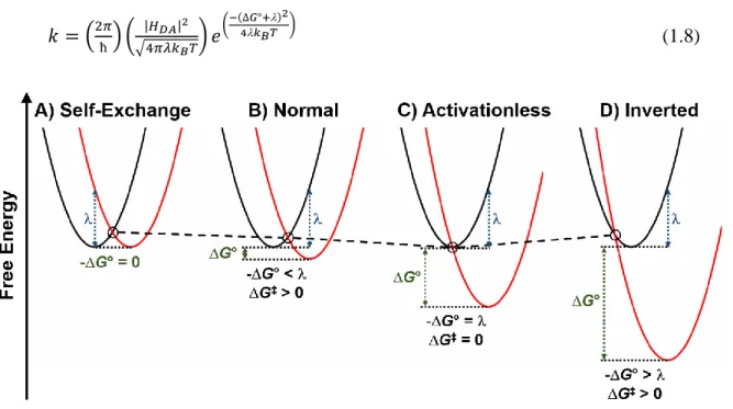 Figure 1.9 One-dimensional potential energy surfaces depicting regimes of electron transfer  predicted by nonadiabatic Marcus theory: (A) self-exchange electron transfer (Marcus normal)  (B)  Marcus  normal  region,  (C)  activationless  region,  and  (D) 