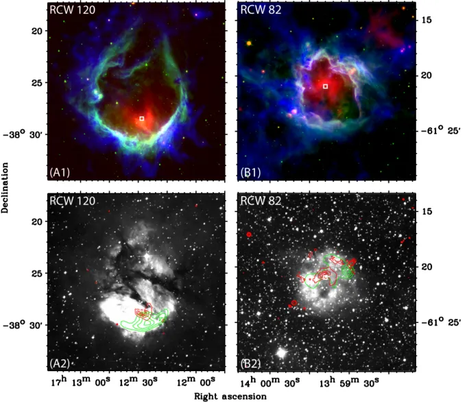Fig. 1. In A1) H II bubble RCW 120 is ionized by a central source (white square) of spectral type O6V–O8V (Zavagno et al