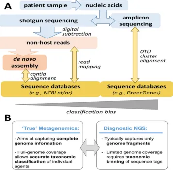 FIG 1 Next-generation sequencing for clinical infectious disease diagnostics. (A) Schematic depiction of diagnostic NGS workﬂows