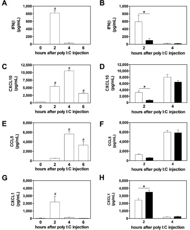 Figure 4. PAR-1 deficiency leads to altered plasma protein expression after poly I:C injection Changes in plasma protein levels of IFNβ (A), CXCL10 (C), CCL5 (E) and CXCL1 (G) in  wild-type (WT, white bars) mice before, 2, 4 and 6 hours after poly I:C inje