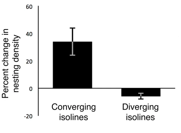 Figure 3.2: Changes in nesting density for coastal areas with converging and diverging  inclination isolines