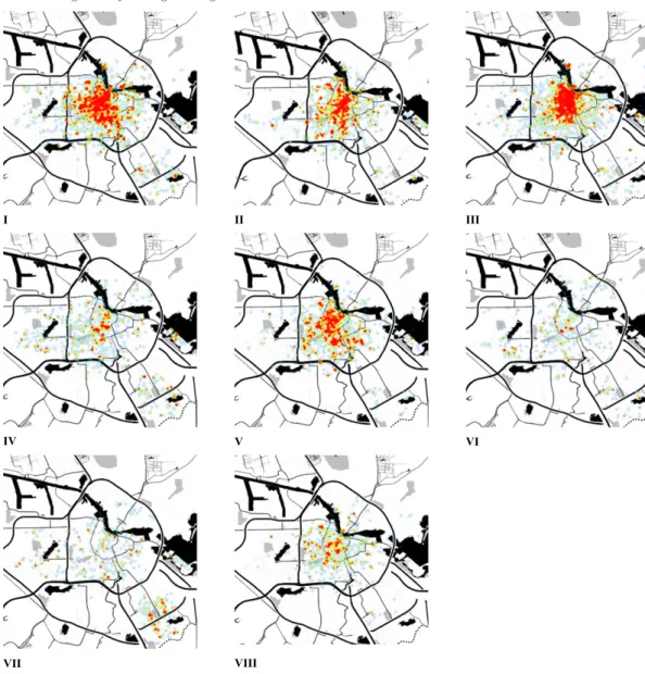 Figure 4 The distribution of geo-tagged Instagram posts from Amsterdam for different clusters of users Note: Hotter colours indicate more posts