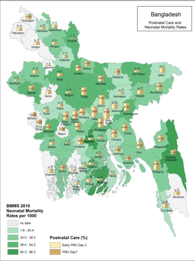 Figure 1.  Postnatal care (PNC) and population–level neonatal mortality by district.