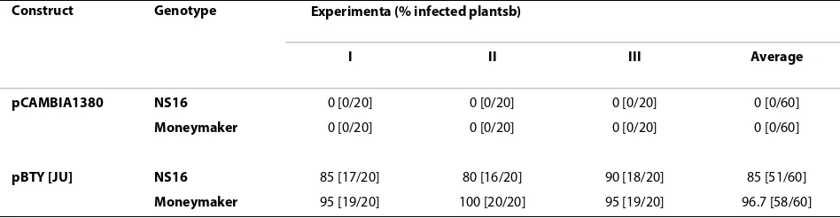Table 1: Agroinoculation of in vitro-cultured NS16 and Moneymaker tomato plants with the infectious TYLCV clone pBTY [JU] and the negative control pCAMBIA1380.