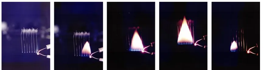 Fig 4. Flame propagation example with each droplet of 1 mm in diameter and 2.5 mm spacing between droplets  