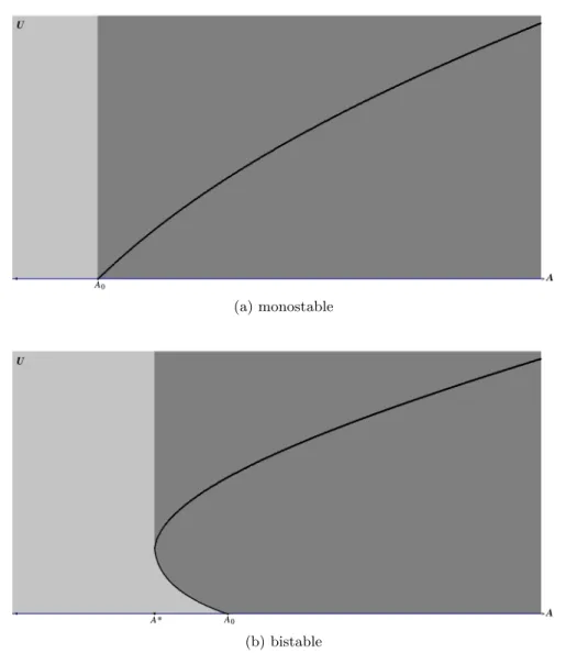 Figure 1: the curve A = C(U ); (a) monostable regime when |h 0 |  1, (b) bistable regime for A ∈ (A ∗ , A 0 ) when |h 0 |  1.