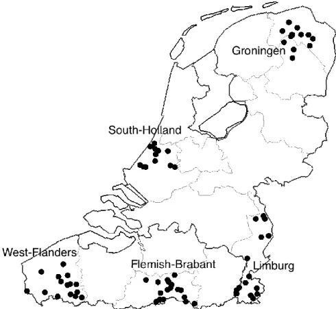Figure 1: Map of the Dutch language area (The Netherlands and Flanders) and of the five  selected regions