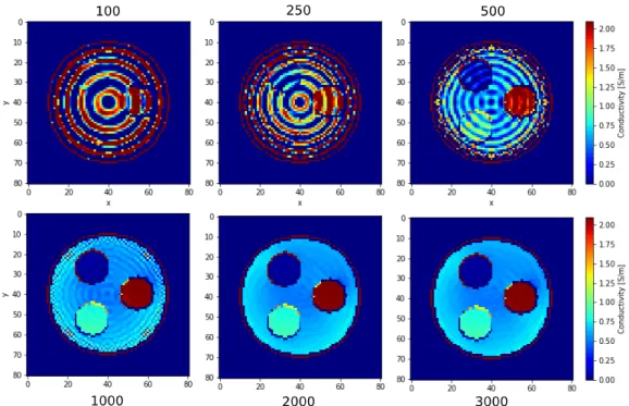 Figure 4.3: Reconstruction of the conductivity map with the initial guess of a map with nothing but zero values with δ = 10 2 used for the inverse Laplacian.