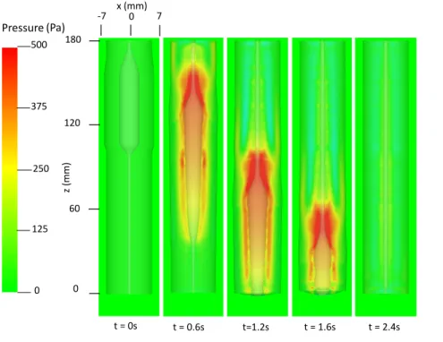 Fig. 10. Pressure field in the plane y = 0 at different times for Case 2 in Section 4.4.2.