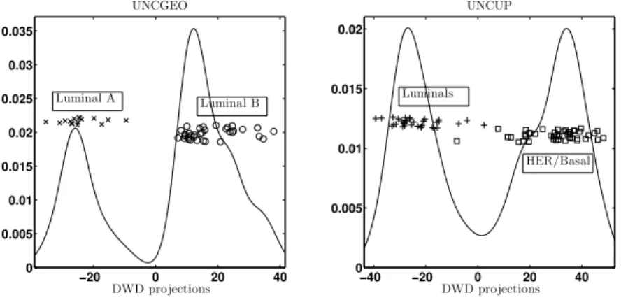 Figure 9 shows the data projected onto DWD directions. The projections in the left panel do not overlap at all whereas the projections in the right panel have a small amount of overlap