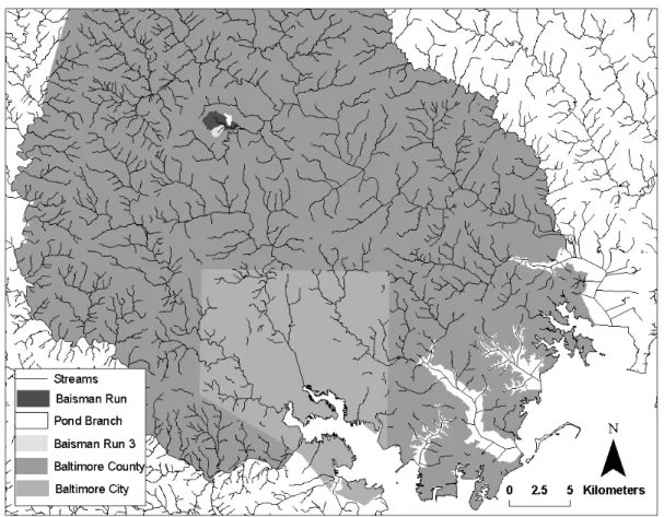 Figure 4. 1: Location of the study catchments within Baltimore County, Maryland. 