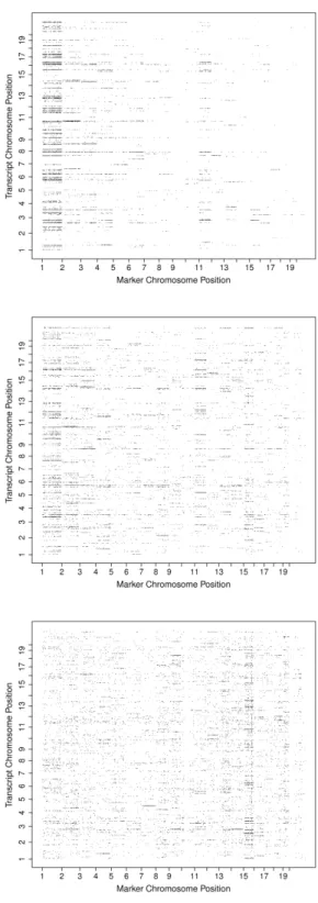 Figure 2.2: eQTL results of the Mouse from the raw data (top panel), from the transformed data (middle panel) and from the transformed and adjusted data (bottom panel)