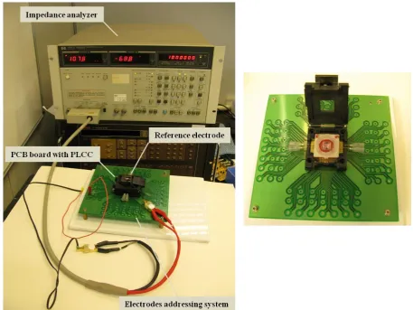 Figure 3.17. (Left) Complete experimental set-up for the electrical characterization of the devices: impedance 