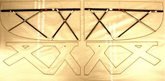 Figure 2.11: Rigid wing structure and membrane prior to assembly. The graphite wing structure is resting on the top half of the wing membrane
