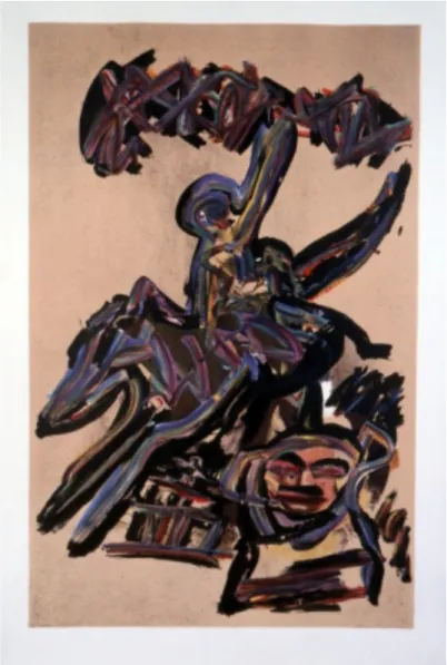 Figure 8: Karel APPEL, Sur la barricade, 1989, lithograph, 90 x 60 cm, edition: 1/100, Centre national  des arts plastiques, on deposit since 17/02/2010 at the Embassy of France, Kaboul, inv.: FNAC  89268 (1).