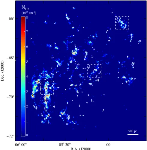 Figure 2. H 2 column density (N H 2 ) map of the LMC at ∼5 pc resolution (θ = 20″, 1 beam per pixel sampling) produced by modeling the dust continuum emission from Herschel 100, 160, 250, and 350 μm observations from HERITAGE (Meixner et al