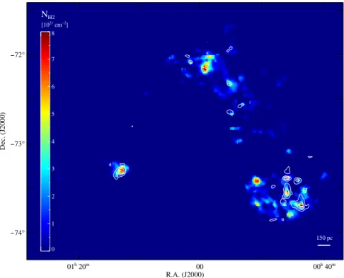Figure 3. H 2 column density (N H 2 ) map of the SMC at ∼10 pc resolution (θ = 40″, 1 beam per pixel sampling) produced by modeling the dust continuum emission from Herschel 100, 160, 250, 350, and 500 μm observations from HERITAGE (Meixner et al