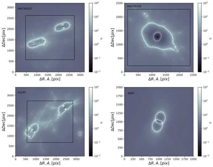 Fig. 6.— Magnification maps for the four RELICS clusters analyzed in this work. The maps show the expected magnification distribution for a source located at z = 9, from our best-fit models