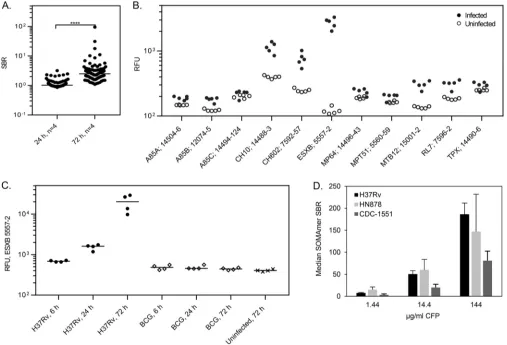 FIG 2 SOMAmer validation with native M. tuberculosis proteins. (A) SBRs for 86 M. tuberculosis aptamers at 24-h and 72-h infection time points in M.tuberculosis-infected human macrophage lysates in vitro