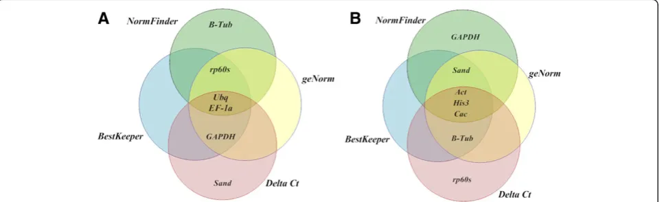 Figure 7 Venn diagrams. (A) the most stable reference genes present in the first four positions and (B) the least stable genes present in the last fivepositions identified by the NormFinder, BestKeeper, geNorm and Delta Ct methods