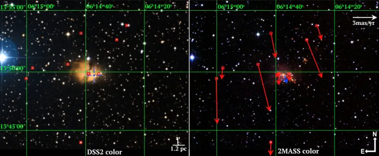Fig. 4. Image of the S 269 region using data from DSS2 (left panel) and 2MASS (right panel) with a sky projected size of 15.65 0 × 12.33 0 , centered on the water maser emission (blue central sign) detected with the VLBA (Table 1), that seems to be trigger