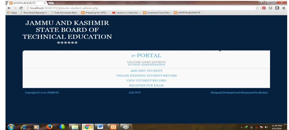 Fig. 3: Institute/Subject/Programme/Branch-Interface for User 