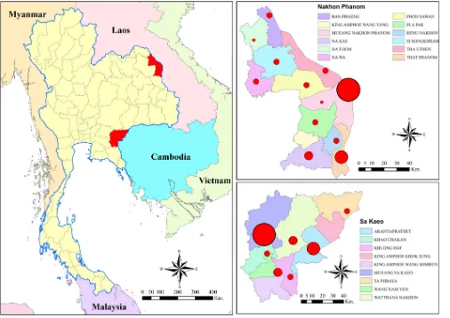 FIG 3 Locality map detailing hospitals from Nakhon Phanom and Sa Kaeo provinces involved in population-based surveillance studies