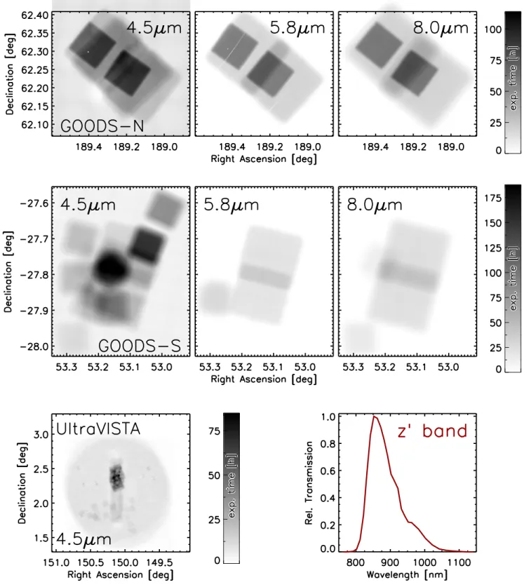 Figure 1. Exposure maps of the full-depth IRAC mosaics used in this work for measurements of the z ′ band absolute magnitude