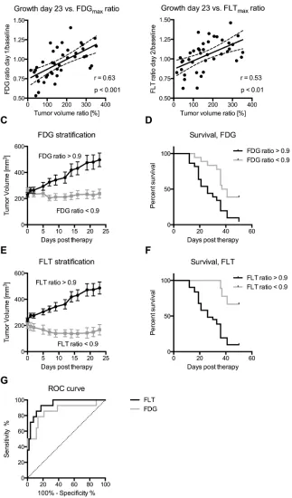 Figure 4: Change in FDG and FLT after therapy predicts treatment outcome. A. & B. The relative tumor growth until day 23 compared to day 0, is positively correlated with the FDGmax and FLTmax ratios (p ≤ 0.01)