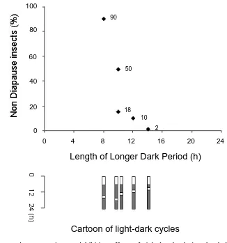Figure 1.7 Diapause-inhibiting effects of night-breaks during the darkperiod. Diapause of the insect, Pieris brassicae, was inhibited maxi-mally when the short light pause fell in the middle of the night period,giving the shortest nightlength, thus longest