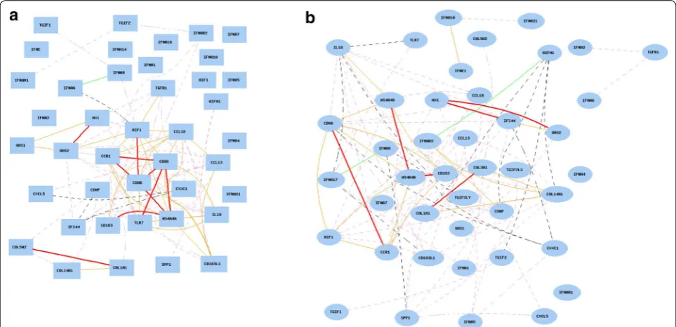 Fig. 1 Gene network of SSc-related genes in humans. Curves show Pearson correlation coefficients >0.35 or <−0.35