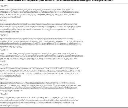 Table 3 List of seven SNP sequences (SNP shown in parentheses) differentiating all 116 hop accessions