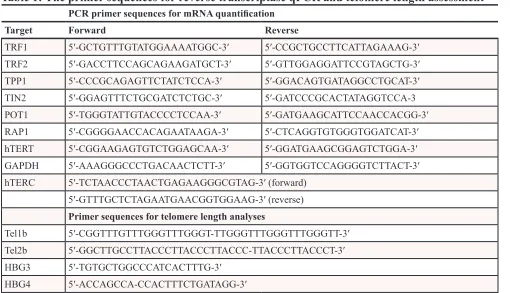 Table 1: The primer sequences for reverse transcriptase qPCR and telomere length assessment