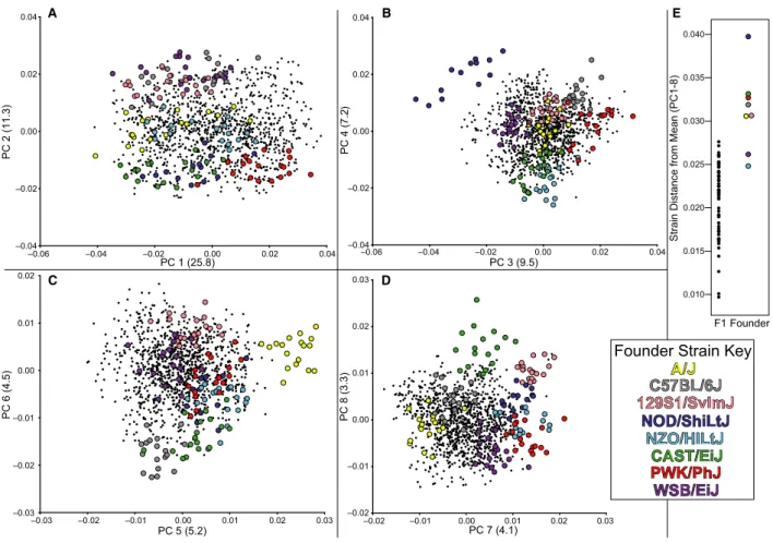 Fig. 4 Specimens from founder strains (colored) and F1 strains (black dots) plotted across principal components (PC), with % of variance explained in parentheses, including (A) PC1 vs