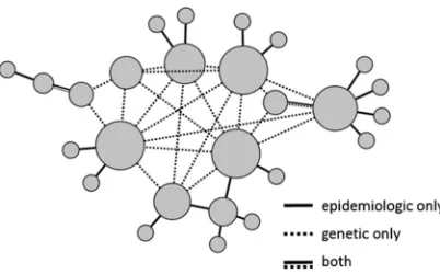 FIG 2 Schematic of inferred relationships among cases of HIV infection based on epidemiologicinformation, genetic information, or both
