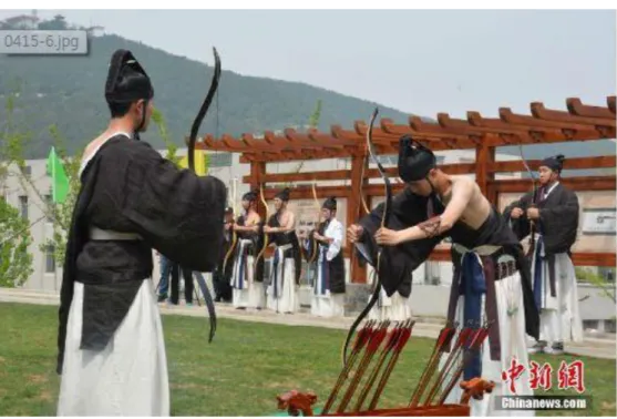 FIGURE  2 76 .  Practitioners  perform  the  Archery  Ritual  of  Shires  on  the  First  International  Symposium on Ritual Archery in 2017