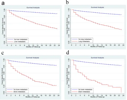 Figure 2: Survival analysis in patients with and without liver metastasis. 2a., with and without lung metastasis 2b., with and without bone metastasis 2c., with and without brain metastasis 2d.