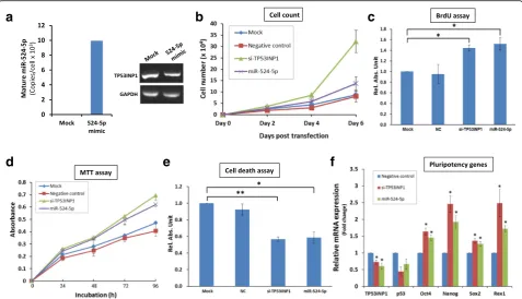 Fig. 5 miR-524-5p regulates critical features of cellular reprogramming via targeting TP53INP1.tosis after oxidative stress induced with 200post-transfection