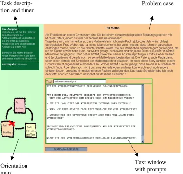 Figure 6.3.3c: Interface of the learning environment with an orientationmap, the case description, and text-window (incl