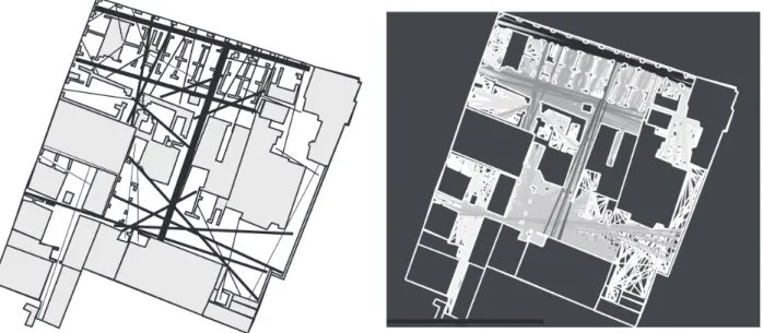 Fig. 3. (left) Axial connectivity graph, ranking of integration is indicated by thickness of lines; (right) Visual axial line  integration, visual lines converge in passages and courtyards.