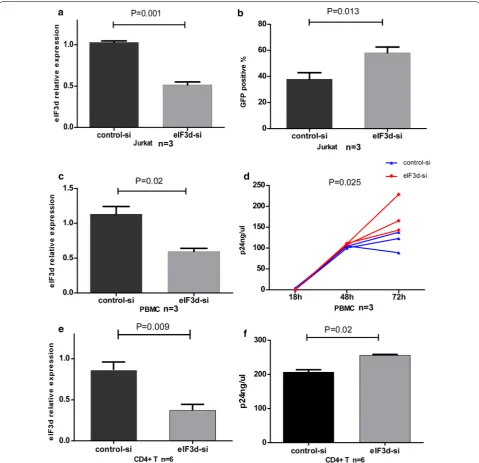 Fig. 5 EIF3d siRNA transfection in Jurkat cells, PBMCs and CD4higher than that of control cells after 48 h (P + T cells resulted in an increase in NL4‑3 replication