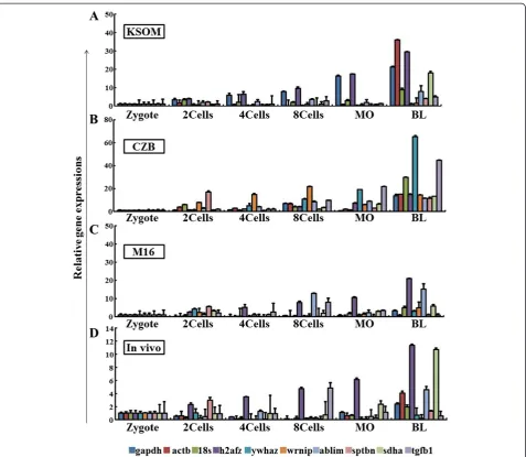 Figure 1 Transcript levels of selected reference genes in the ICR mouse-derived preimplantation stage embryos