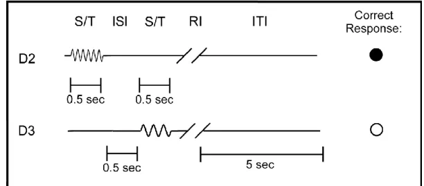 Figure  3.8  Frequency  discrimination  procedure.  After  the  standard  and  test  stimuli  (S/T)  were  sequentially  applied  to  D2  or  D3  for  0.5  sec  with  a  0.5  sec  inter-stimulus  interval  (ISI),  the  subject  was  provided  with  a  shor