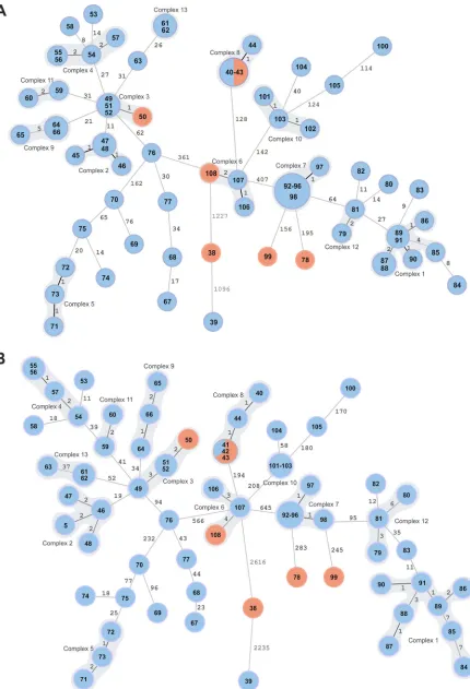 FIG 4 Minimum spanning trees (MST) based on WGS analysis results generated for 71 isolates with unknown epidemiological status