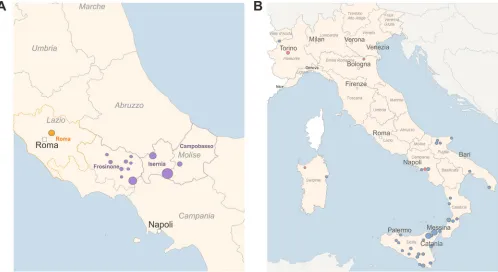 FIG 1 Geographical map for B. melitensis cases studied. (A) epidemiologically related isolates