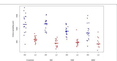 Figure 2 Bacterial colony sizes. The Y-axis represents the bacterial colony sizes in µm retrieved from colonies of the highly (HV) and low virulent (LV) isolate inoculated modified Shieh broths 24 h after addition of the appropriate cortisol concentrations